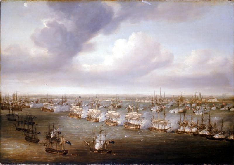 1801 yılında gerçekleşen Kopenhag Deniz Savaşından bir sahne: Britanya ve Danimarka filoları muharebe hattı düzenine geçmiş, arkada ise Kopenhag şehri görülüyor.