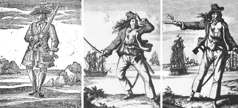 Jack Rackham (solda), Mary Read (ortada) ve Anne Bonny (sağda) 1720 yılında kısa bir süreliğine beraber korsanlık yapmışlardı.