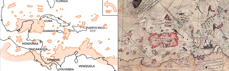 Piri Reis'in haritasındaki Karayiplerin modern bir haritayla karşılaştırılması