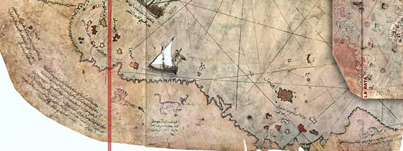 Piri Reis'in haritasında Güney Amerika'nın güney kıyıları ve Tordesillas Meridyeni