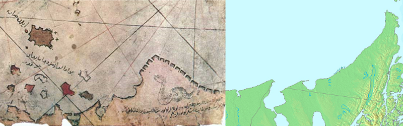 Piri Reis'in haritasında Güney Amerika'nın kıvrılan kısmı ve modern bir haritada Macellan Boğazının girişi