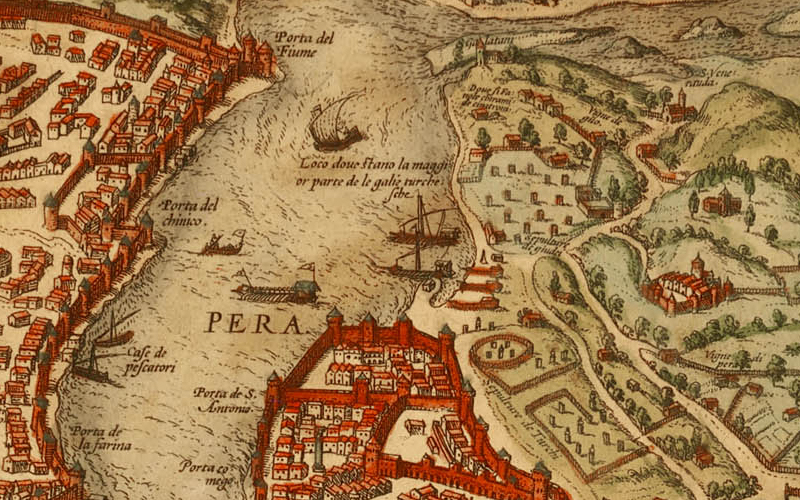 XVI. yy. başlarında Tersâne-i Âmire ve Pera. Haritada Türk kadırgalarının büyük bir bölümünün demirlediği yer olarak belirtilmiş.