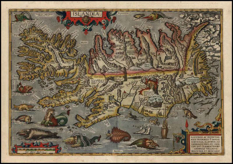 Andreas Velleius'un 1585 tarihli İzlanda haritasında deniz yaratıkları.