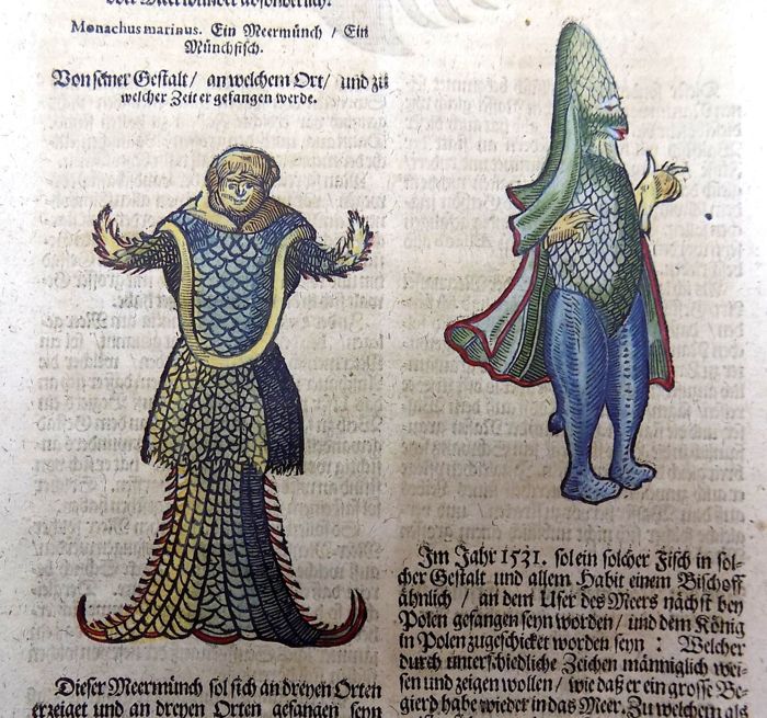 Conrad Gesner'in 1575 tarihli  "Historiae Animalium Liber IIII" isimli kitabında deniz yaratıkları. Soldan sağa deniz keşişi, deniz piskoposu ve deniz adamı 