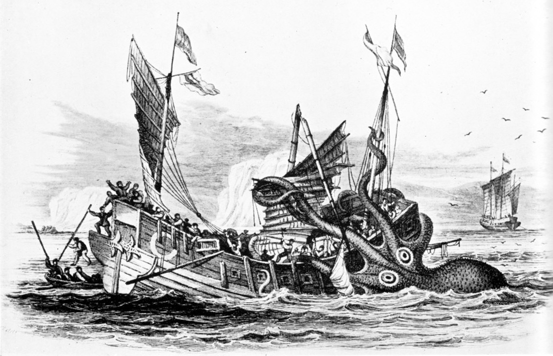 Pierre Dénys de Montfort tarafından yapılan bir illustrasyonda bir gemiye saldıran dev ahtapot. 1810